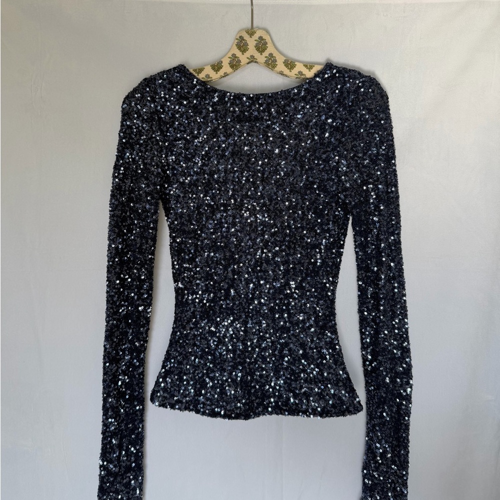Free People Blue Sequin Open Back Long Sleeve Top XS Party Holiday Glam Sparkle